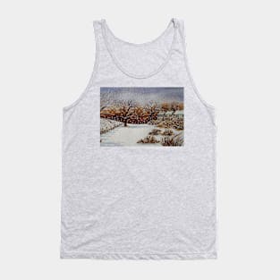 painting of snow snow covered trees and cottages winter snow scene Tank Top